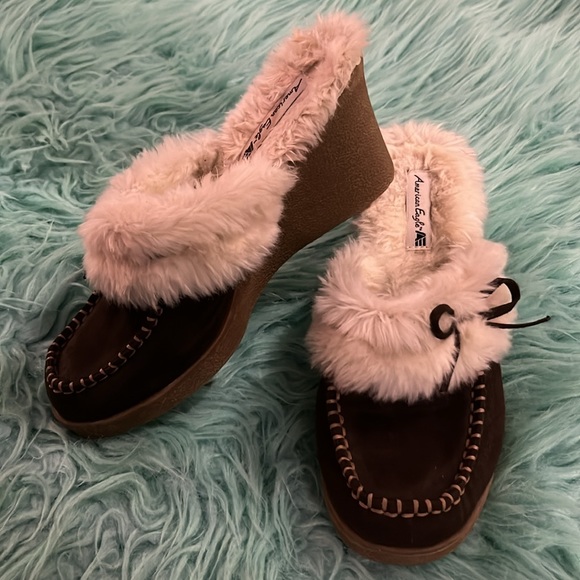 Fur lined wedge slides 8 moccasin clogs brown vegan suede faux sheep whip stitch - Picture 2 of 9
